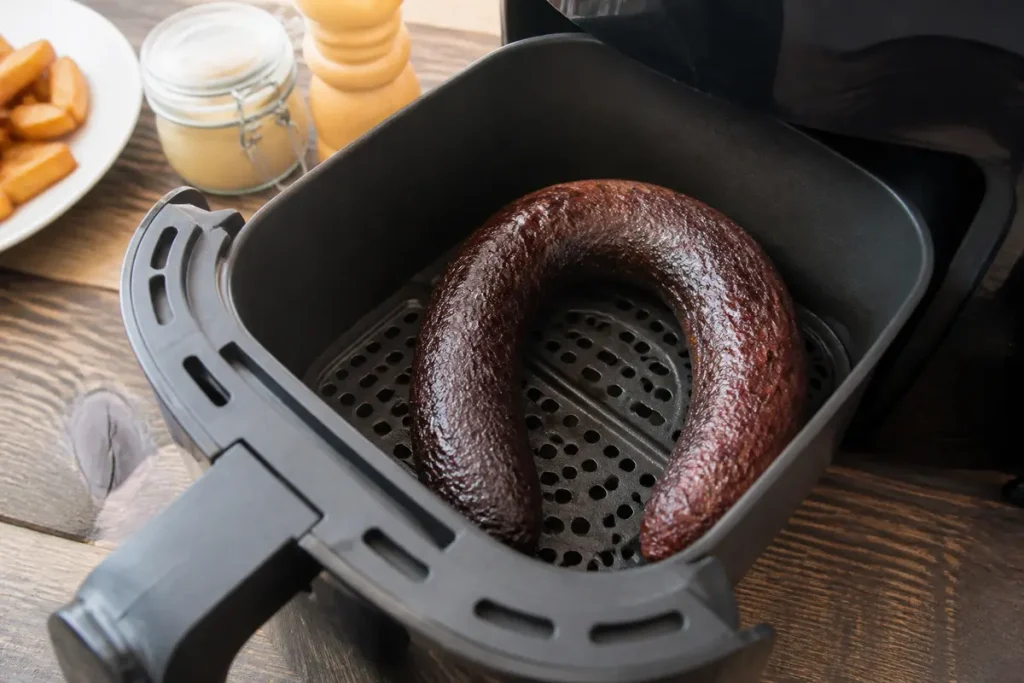 Boudin noir cuit dans un air fryer avec pommes de terre et moutarde à proximité