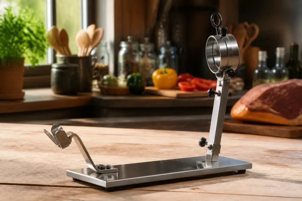 Support en métal en cuisine pour broche à jambon, avec légumes en arrière-plan