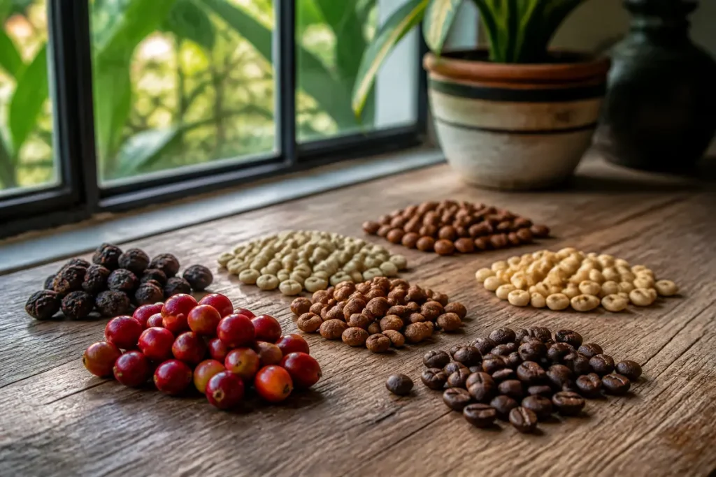 Différents stades de grains de café colombien disposés sur une table en bois