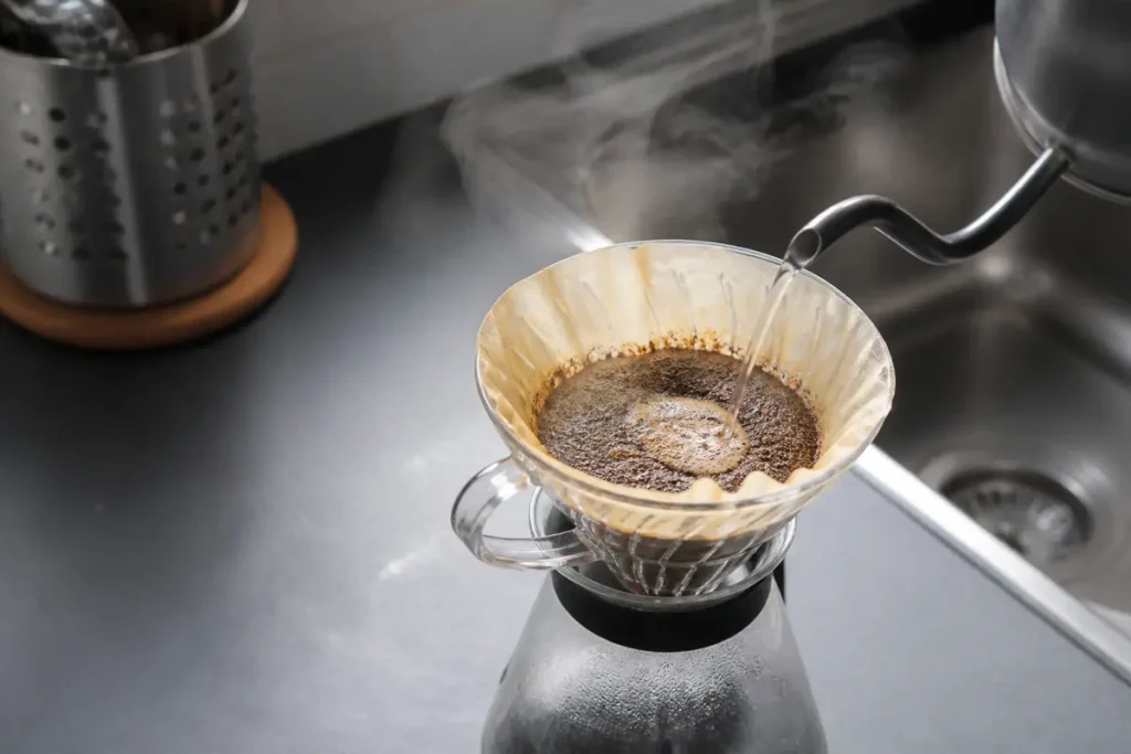 Versement d'eau sur café filtre avec carafe en verre sur le plan de travail