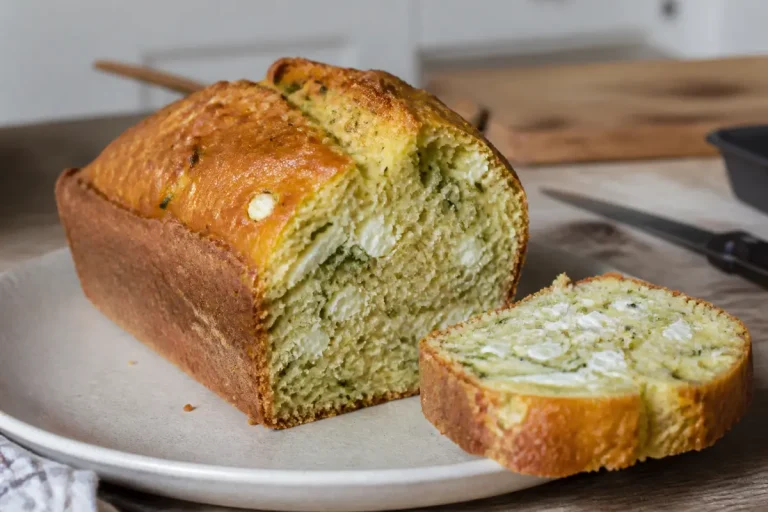 Cake de Sophie à la courgette et chèvre présenté sur une assiette beige