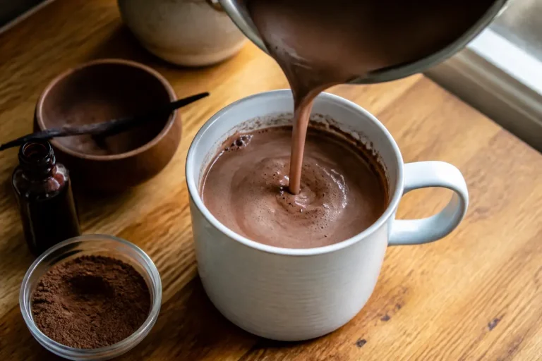 Tasse de chocolat chaud servi avec arôme vanille en fond.