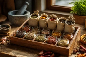 Coffret d’épices divers en bocaux et sachets sur une table en bois rustique