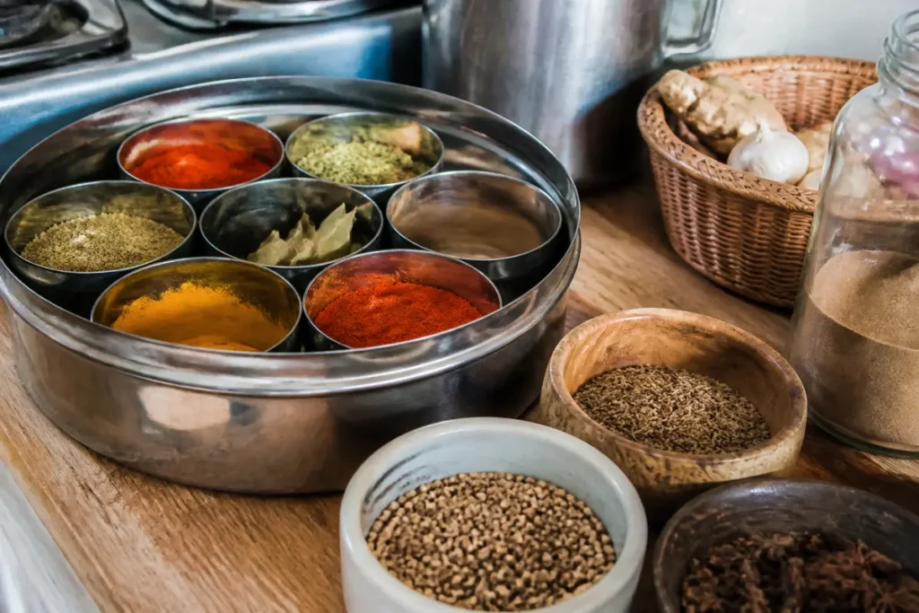 Coffret d'épices variées, contenant aussi des épices à tandoori pour cuisine indienne savoureuse
