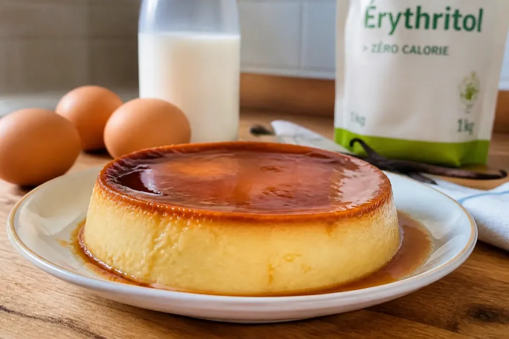 Flan sans sucre avec œufs, lait et érythritol posés sur une table en bois