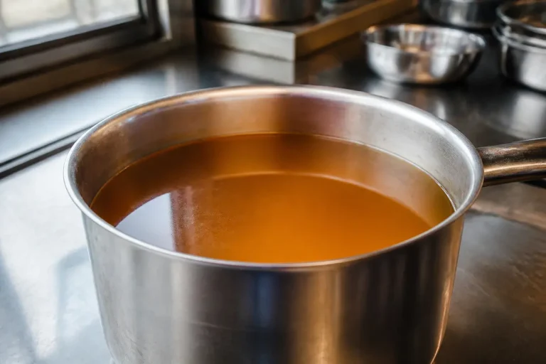 Casserole de fond de veau halal sur une cuisine professionnelle en inox
