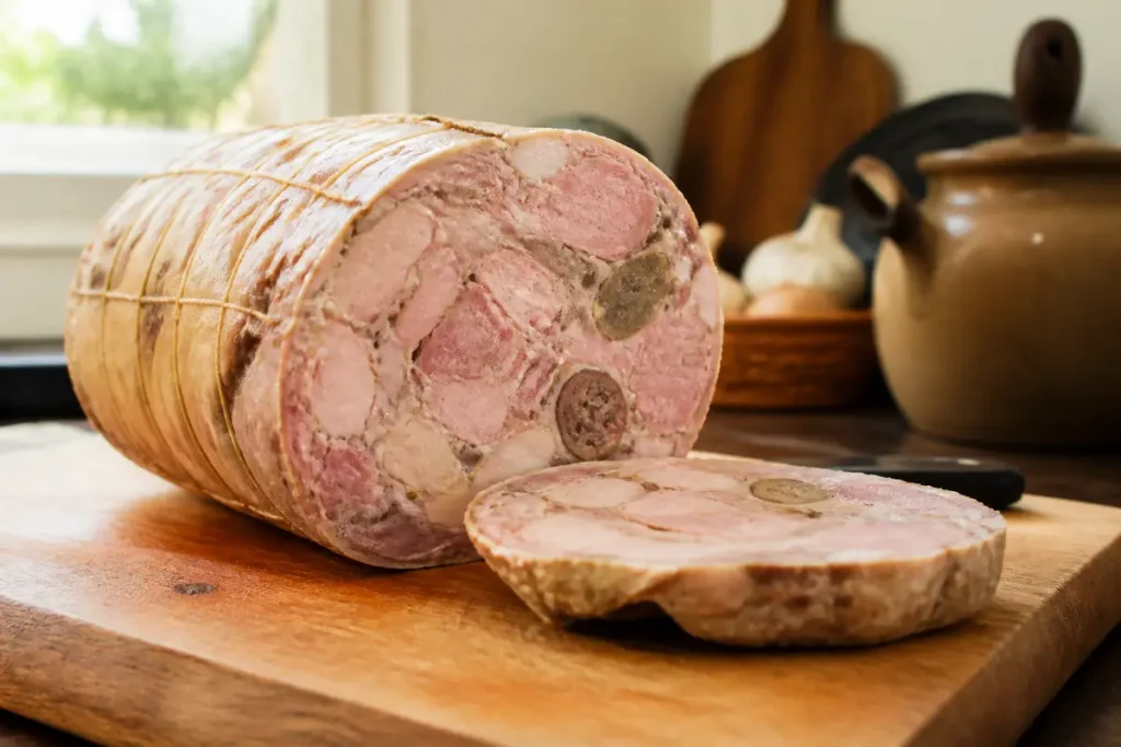 Galantine de porc sur planche en bois, prĂŞte Ă ĂŞtre servie en tranches.