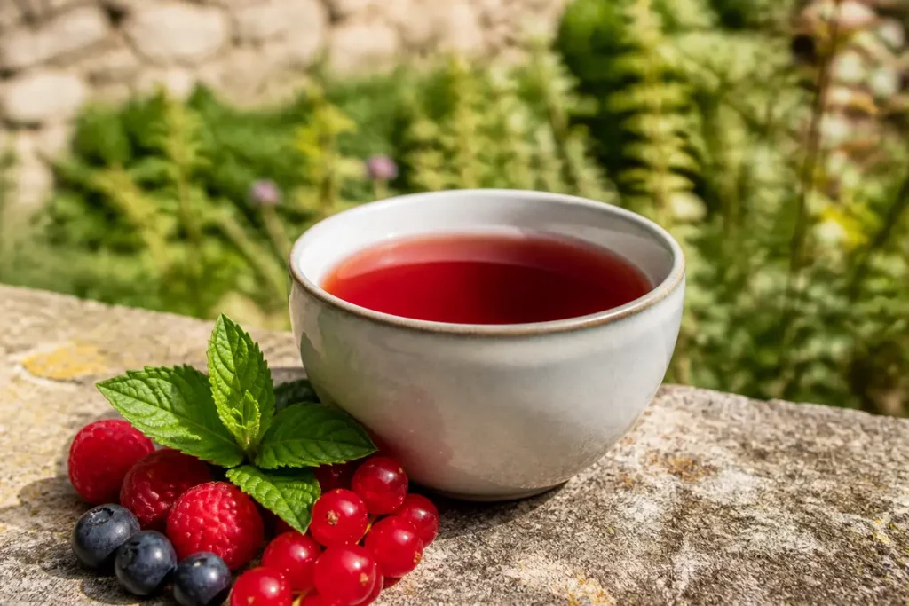 Tasse d'infusion fruits rouges avec baies fraîches sur une pierre en extérieur