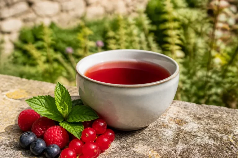 Tasse d'infusion fruits rouges avec baies fraîches sur une pierre en extérieur