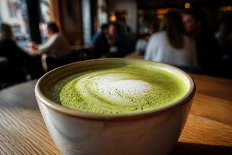 Bol de latte au matcha sur table en bois dans un café ambiance matcha et café