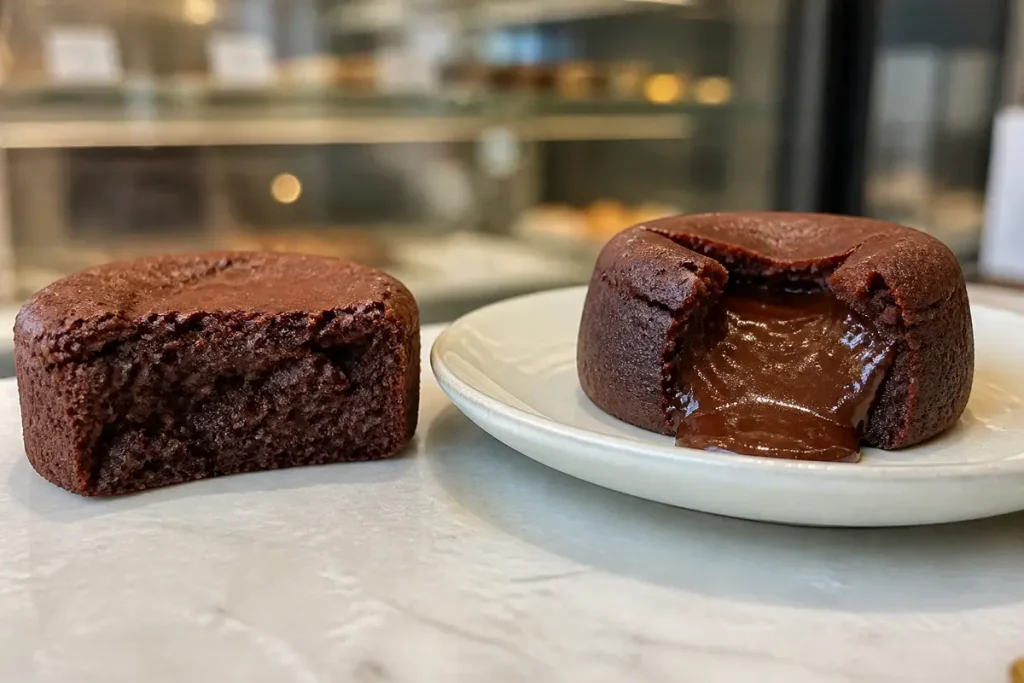 Deux gâteaux au chocolat illustrant la différence entre moelleux et fondant.