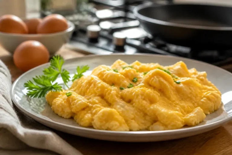 Assiette d'œufs brouillés garnie de persil, indiquant les calories des œufs brouillés.