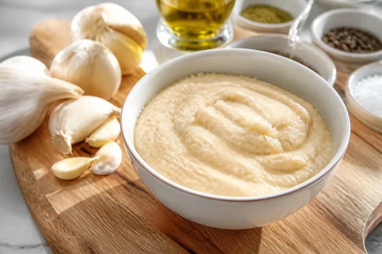 Bol de purée de pâte d'ail sur planche avec ingrédients de préparation culinaires