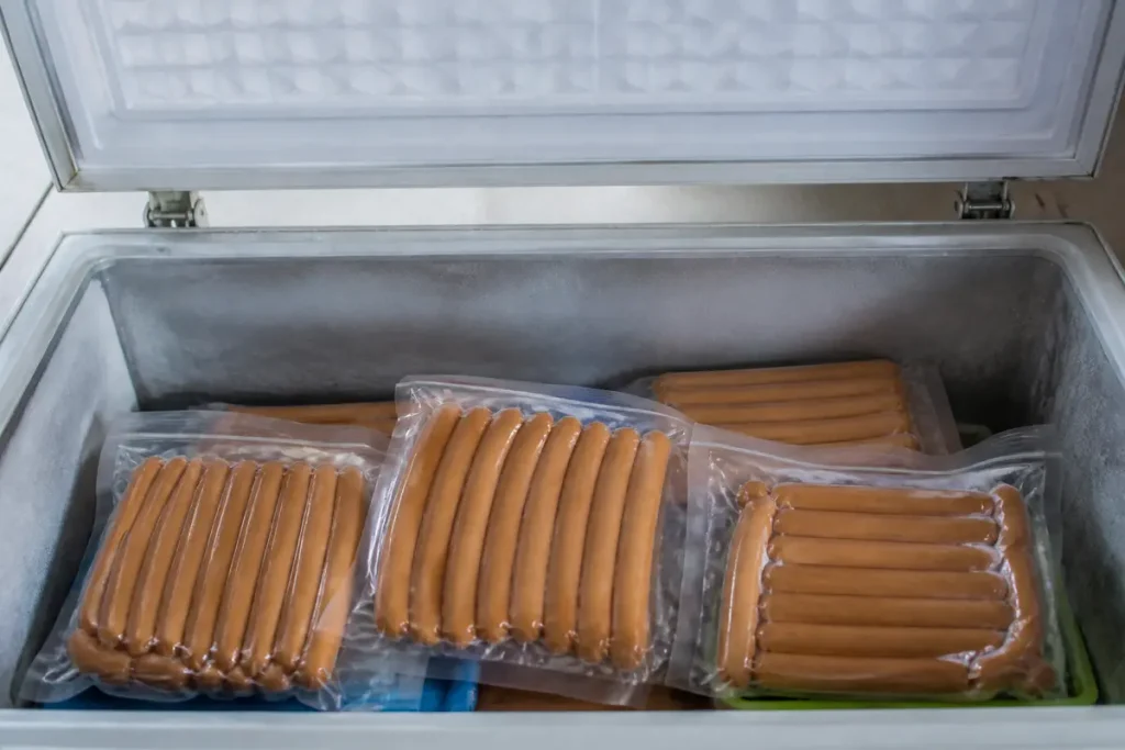 Knackis emballées sous vide dans un congélateur montrant comment congeler des knackis efficacement