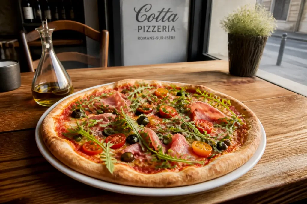 Pizza cotta garnie de roquette, tomates cerises et jambon dans une pizzeria chaleureuse