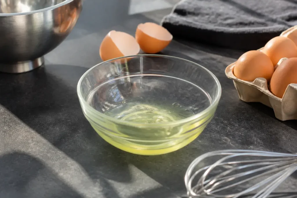 Bol contenant du poids blanc d'œuf près de coquilles et fouet de cuisine