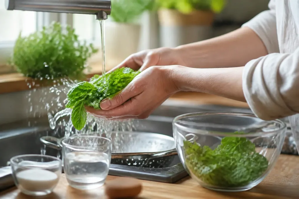 Personne lavant des feuilles de menthe fraîches pour recette de sirop de menthe sans sucre