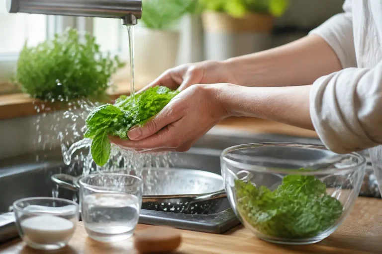 Personne lavant des feuilles de menthe fraîches pour recette de sirop de menthe sans sucre