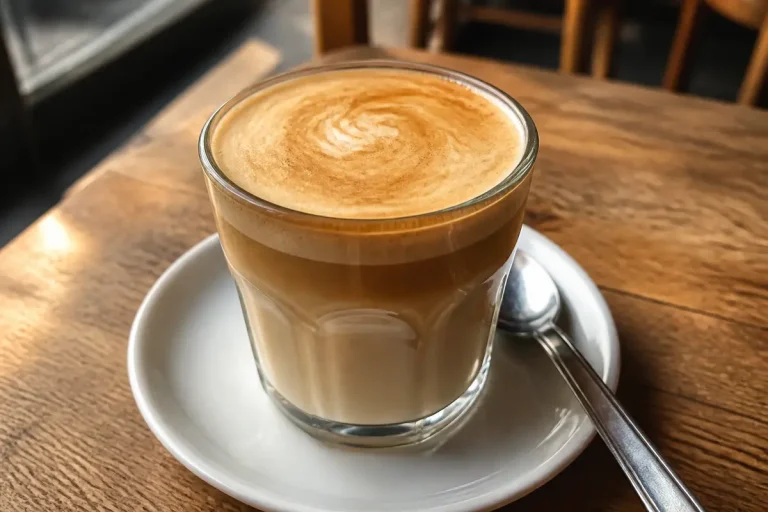 Verre de Spanish latte sur table en bois avec cuillère à café posée à côté.