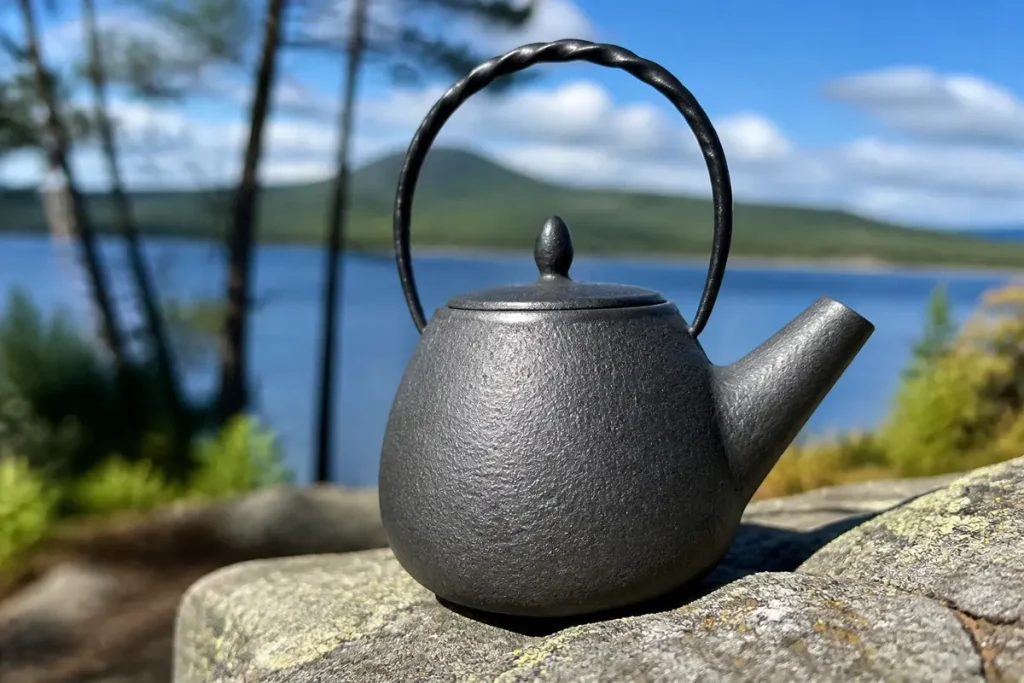 Théière japonaise en fonte posée sur rocher, vue lac et montagnes en arrière-plan