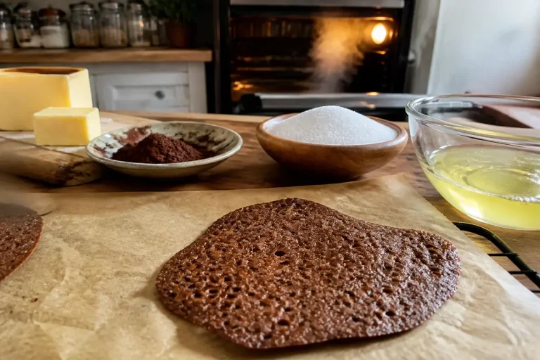 Ingrédients et préparation pour une tuile au chocolat à côté du four allumé