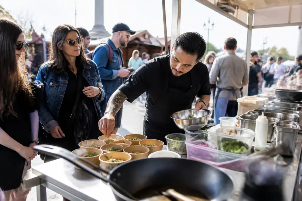 Chef préparant un plat au village international de la gastronomie 2025 avec des visiteurs curieux