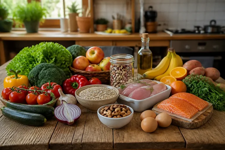 Assortiment coloré d'aliments sains sur une table de cuisine maviehealthy.com