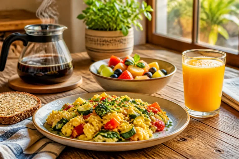 Petit déjeuner avec œufs brouillés et fruits frais sur maviehealthy.com